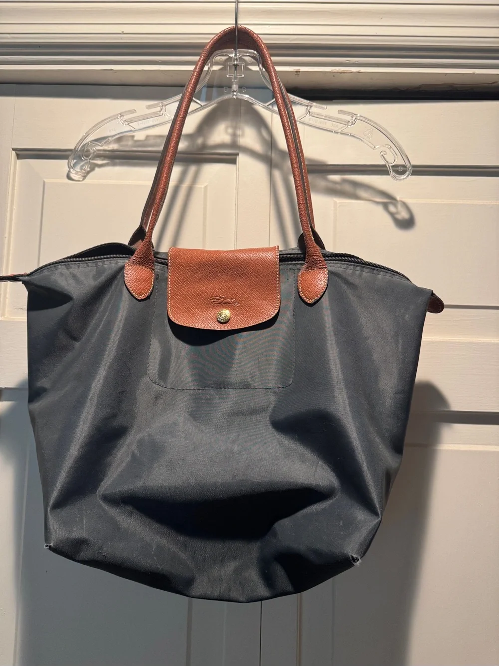 Longchamp Classic gray Tote with Brown Leather Trim